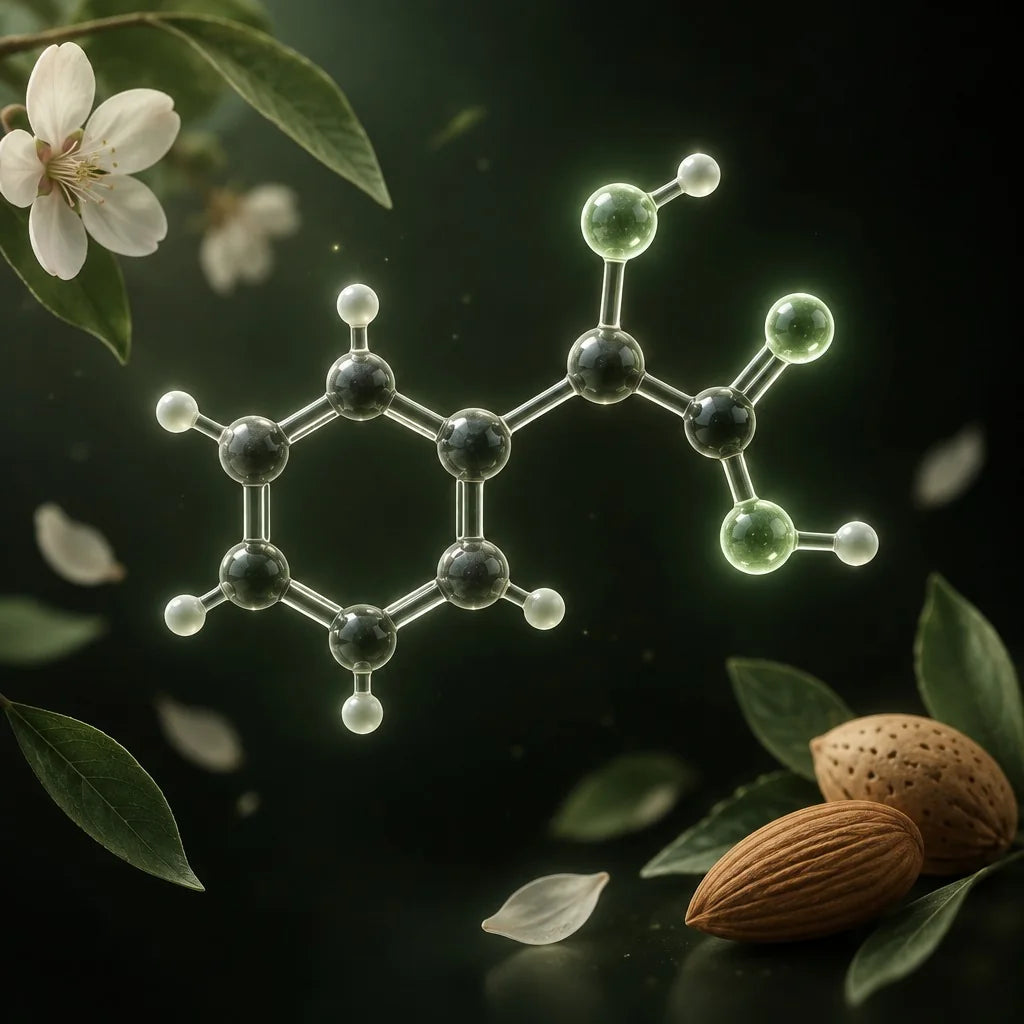 Mandelic acid molecule with almonds and blossoms